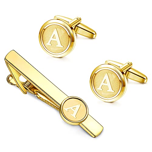 Helicopchain Initial Cufflinks and Tie Clips Set for Men Personalized Shirt Gold Cuff Links and Tie Bar Alphabet Letter A with Gift Box for Wedding Business Groom Husband