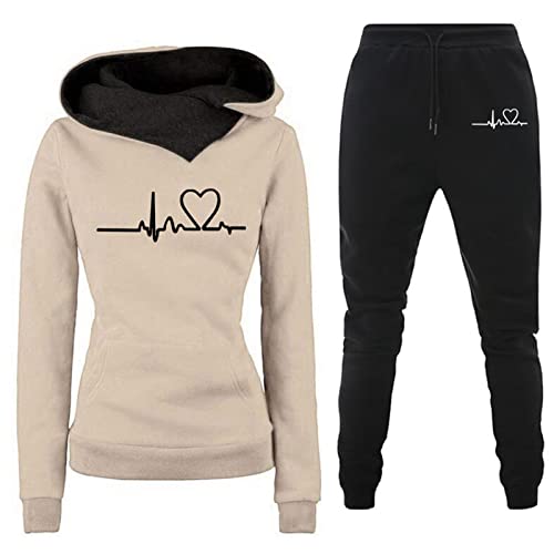 HGps8w Womens Fleece Lined Sweatsuits Sets 2 Piece Outfits Heartbeat Printed Hoodie Sweatshirt Sweatpants Jogging Tracksuits