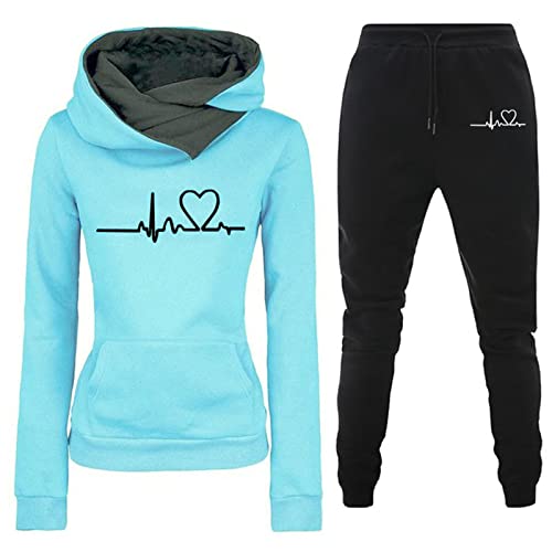 HGps8w Womens Fleece Lined Sweatsuits Sets 2 Piece Outfits Heartbeat Printed Hoodie Sweatshirt Sweatpants Jogging Tracksuits