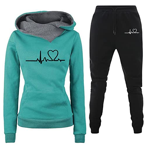 HGps8w Womens Fleece Lined Sweatsuits Sets 2 Piece Outfits Heartbeat Printed Hoodie Sweatshirt Sweatpants Jogging Tracksuits