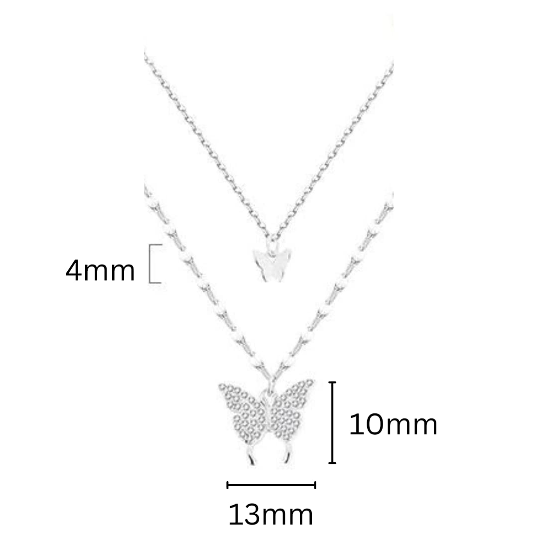 925 Sterling Silver Butterfly Tassel Shiny Exquisite Double Layer Pendant Clavicle Necklace Chain for Women and Teen Girls.