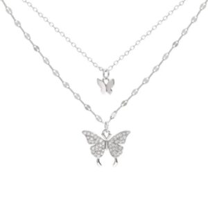 925 sterling silver butterfly tassel shiny exquisite double layer pendant clavicle necklace chain for women and teen girls.