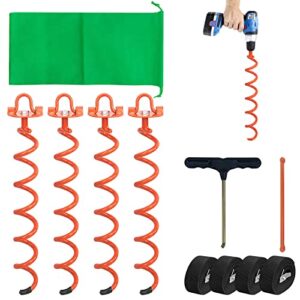 mixxidea 16.2 inch orange folding ring spiral ground anchors metal ground stakes dog tie out stake spiraling anchor trampoline anchors for tent, securing trampolines, garden fence sheds swings, 4 pack