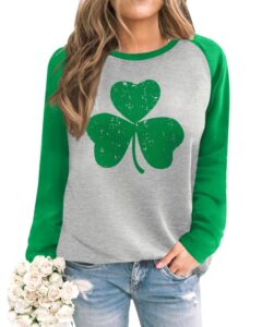 st patricks day womens loose fit novelty sweatshirt casual crewneck graphic funny raglan shirt clover l