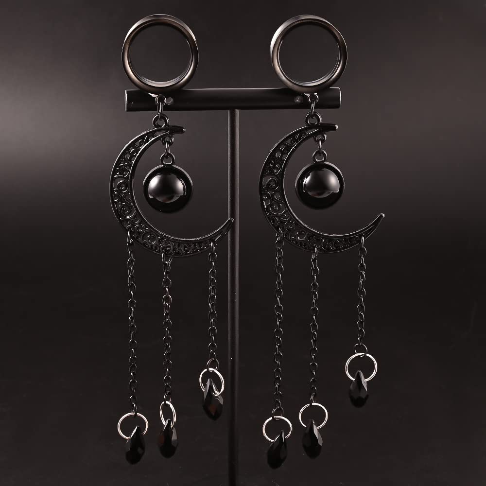 Maxbott 2PCS Fashion Black Chain Moon Earrings Plugs Tunnels Stainless Steel Pendant Ear Gauges Body Piercing Jewelry (14mm(9/16"), Black)