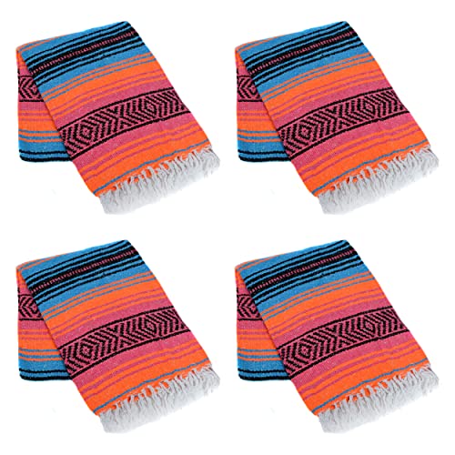 La Montana Mexican Blankets and Throws, 4 Pack, 74"x50" - Made in Mexico, Lightweight Yoga Blanket for Schools, Studios, Outdoors, Camping, Picnic, Decor - Machine Washable, Turquoise/Coral/Orange