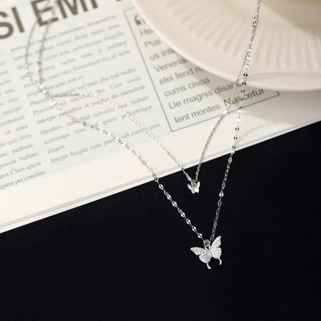 925 Sterling Silver Butterfly Tassel Shiny Exquisite Double Layer Pendant Clavicle Necklace Chain for Women and Teen Girls.