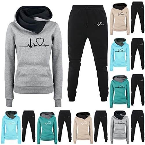 HGps8w Womens Fleece Lined Sweatsuits Sets 2 Piece Outfits Heartbeat Printed Hoodie Sweatshirt Sweatpants Jogging Tracksuits