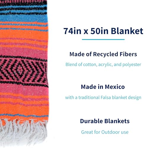 La Montana Mexican Blankets and Throws, 4 Pack, 74"x50" - Made in Mexico, Lightweight Yoga Blanket for Schools, Studios, Outdoors, Camping, Picnic, Decor - Machine Washable, Turquoise/Coral/Orange