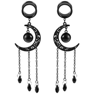 maxbott 2pcs fashion black chain moon earrings plugs tunnels stainless steel pendant ear gauges body piercing jewelry (14mm(9/16"), black)