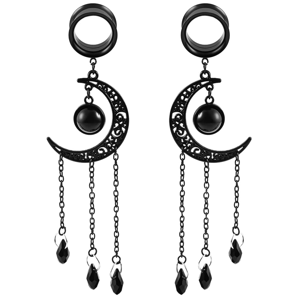 Maxbott 2PCS Fashion Black Chain Moon Earrings Plugs Tunnels Stainless Steel Pendant Ear Gauges Body Piercing Jewelry (14mm(9/16"), Black)