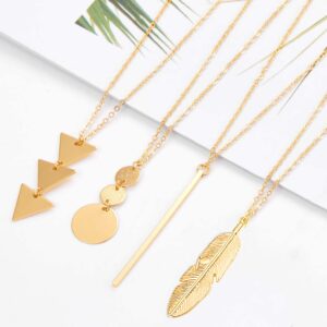 YQZIYOU 4 PCS Long Necklaces for Women - Fashion Pendant Necklace Jewelry, Golden Bar Feather Circle Leaf Lock Tassel Y Necklace Jewelry Set