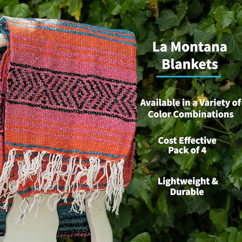 La Montana Mexican Blankets and Throws, 4 Pack, 74"x50" - Made in Mexico, Lightweight Yoga Blanket for Schools, Studios, Outdoors, Camping, Picnic, Decor - Machine Washable, Turquoise/Coral/Orange