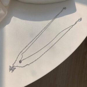 925 Sterling Silver Butterfly Tassel Shiny Exquisite Double Layer Pendant Clavicle Necklace Chain for Women and Teen Girls.