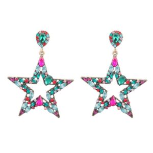 Denifery Crystal Rhinestone Star Dangle Hoop Earrings Big Star Drop Earrings Bling Sparkly Earrings for Prom Wedding (Colorful)