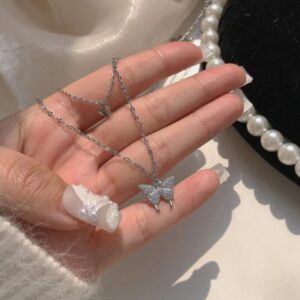 925 Sterling Silver Butterfly Tassel Shiny Exquisite Double Layer Pendant Clavicle Necklace Chain for Women and Teen Girls.