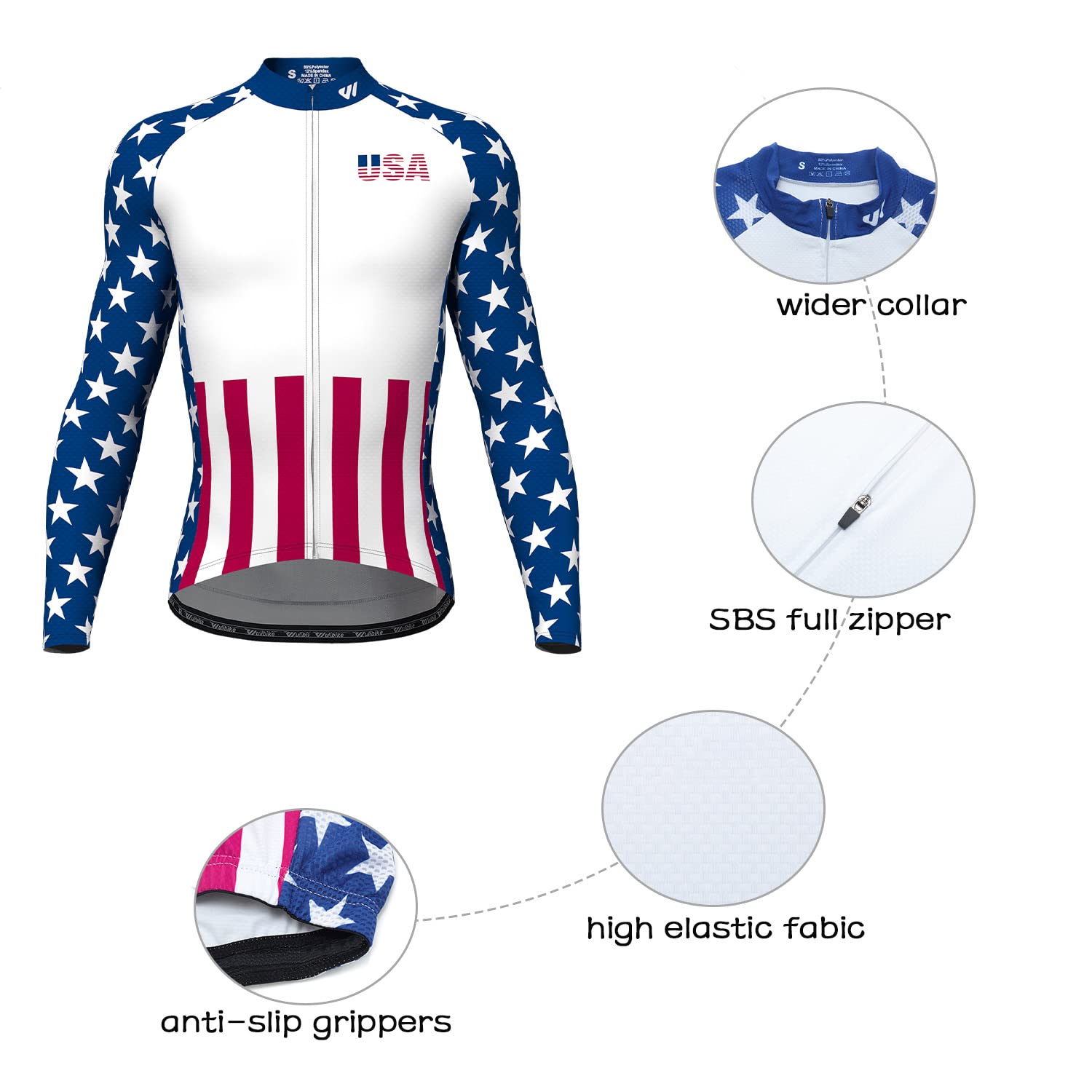 Lo.gas USA Cycling Jersey Men Long Sleeve Bike Biking Shirts American Flag Road Bicycle Clothing Full Zip with Pockets