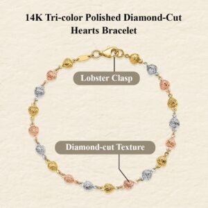 Auriga Fine Jewelry 14K Tri-Color Gold Polished Diamond-Cut Hearts Bracelet 7.5"