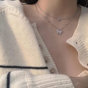 925 Sterling Silver Butterfly Tassel Shiny Exquisite Double Layer Pendant Clavicle Necklace Chain for Women and Teen Girls.