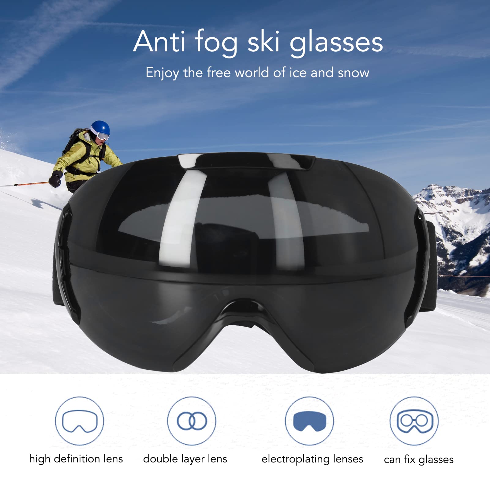 Leapiture Snowboard Glasses Ski Goggles PE Coated Lens Anti Fog Double Layers Adjustable Frameless Skiing Accessories for Snowmobiling(black)