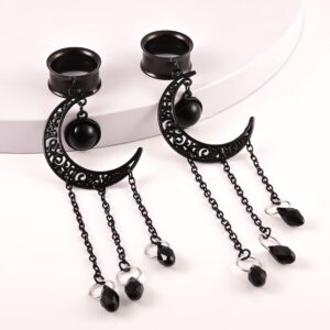 Maxbott 2PCS Fashion Black Chain Moon Earrings Plugs Tunnels Stainless Steel Pendant Ear Gauges Body Piercing Jewelry (14mm(9/16"), Black)