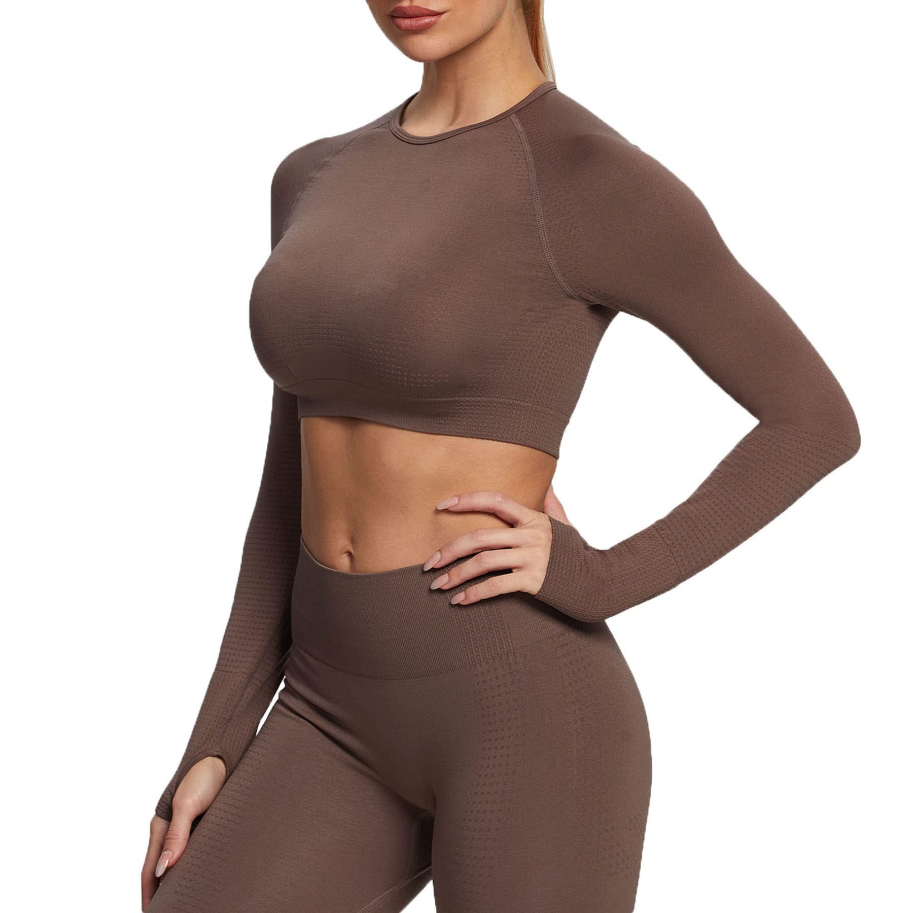 Aoxjox Long Sleeve Crop Tops for Women Vital New Workout Seamless Crop T Shirt Top (Vital New Fudge Coffee, X-Large)