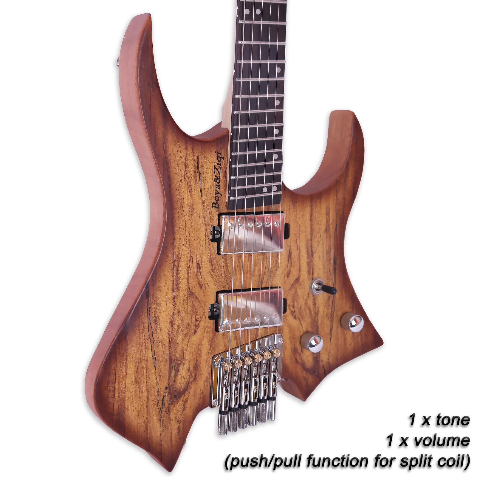 Boya&Ziqi Headless Electric Guitar LIZARD-6,FANNED FRETS, Independently Adjustable Bridge,Split coil control,5-Piece Maple/Streaked Ebony Neck (Natural Burst Spalted Maple, Right)