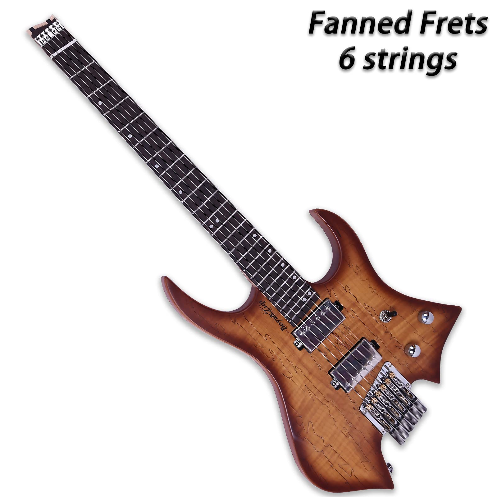 Boya&Ziqi Headless Electric Guitar LIZARD-6,FANNED FRETS, Independently Adjustable Bridge,Split coil control,5-Piece Maple/Streaked Ebony Neck (Natural Burst Spalted Maple, Right)