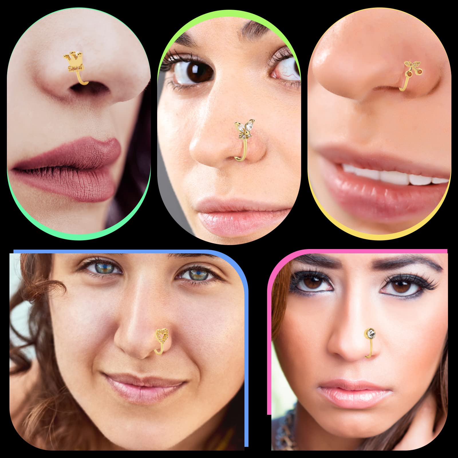 CrazyPiercing 24Pcs Fake Nose Ring CZ African Nose Cuffs Gold Faux Septum Nose Rings Clip on Nose Jewelry for Woman Non Pierced Jewelry