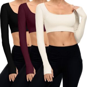 3 Pack Ribbed Seamless Long Sleeve Crop Tops Square Neck Cropped Top Set for Women Workout Gym Yoga (Black, Reddish Brown, Beige, Large)