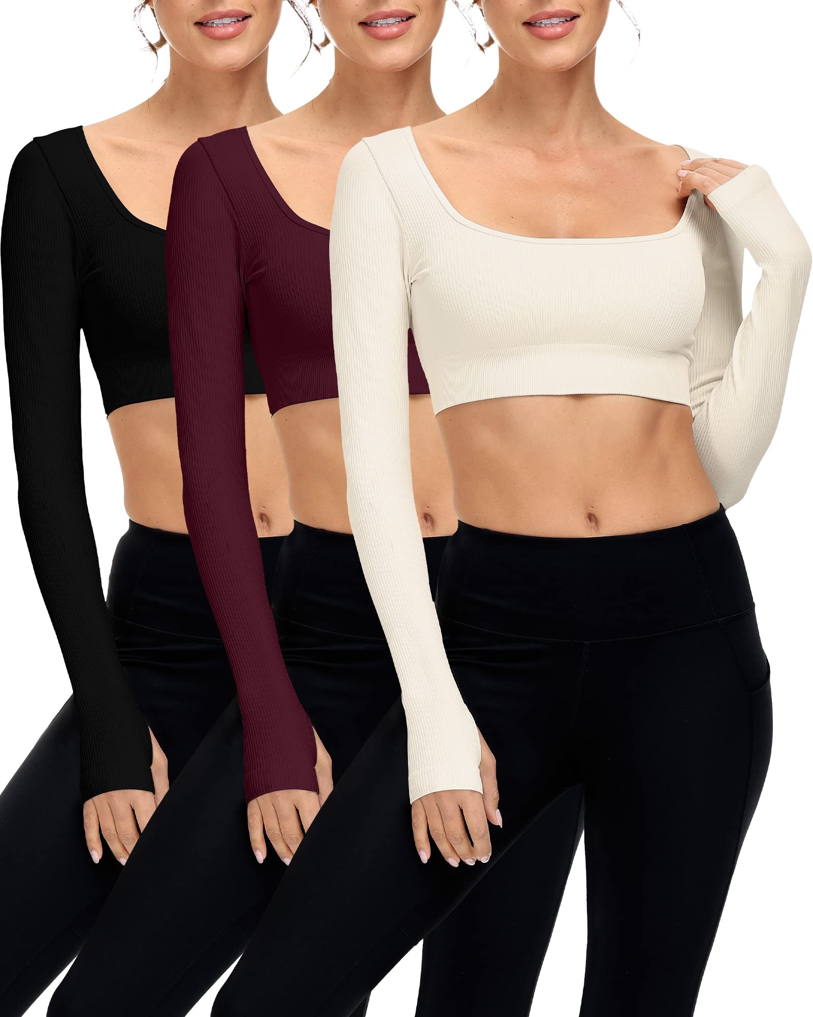 3 Pack Ribbed Seamless Long Sleeve Crop Tops Square Neck Cropped Top Set for Women Workout Gym Yoga (Black, Reddish Brown, Beige, Large)