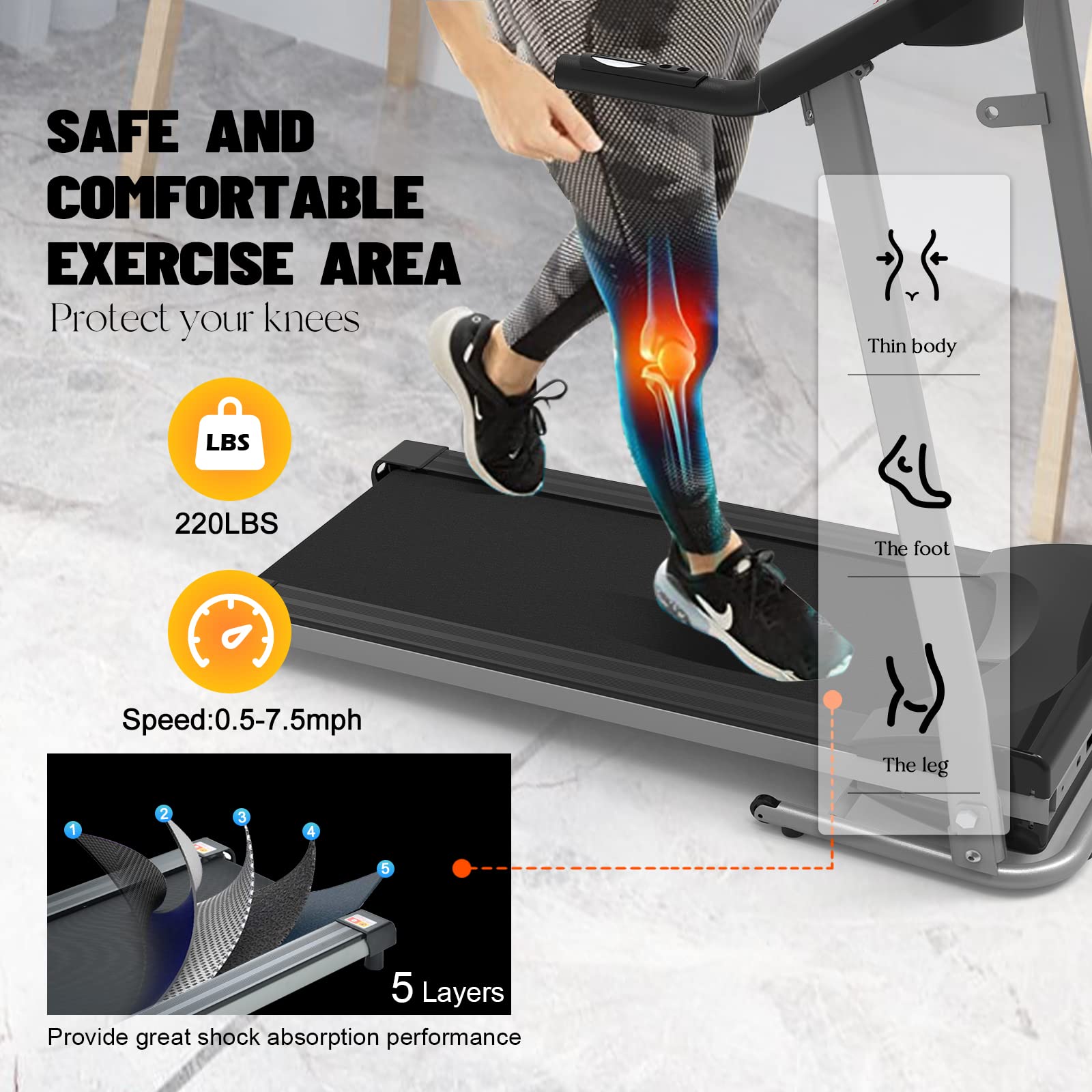 Treadmill with Incline, Portable Run Walking Folding Compact Exercise Machine with 12 Preset Program, LED Display, 250 LB Capacity for Small Space Fitness Electric Workout for Home