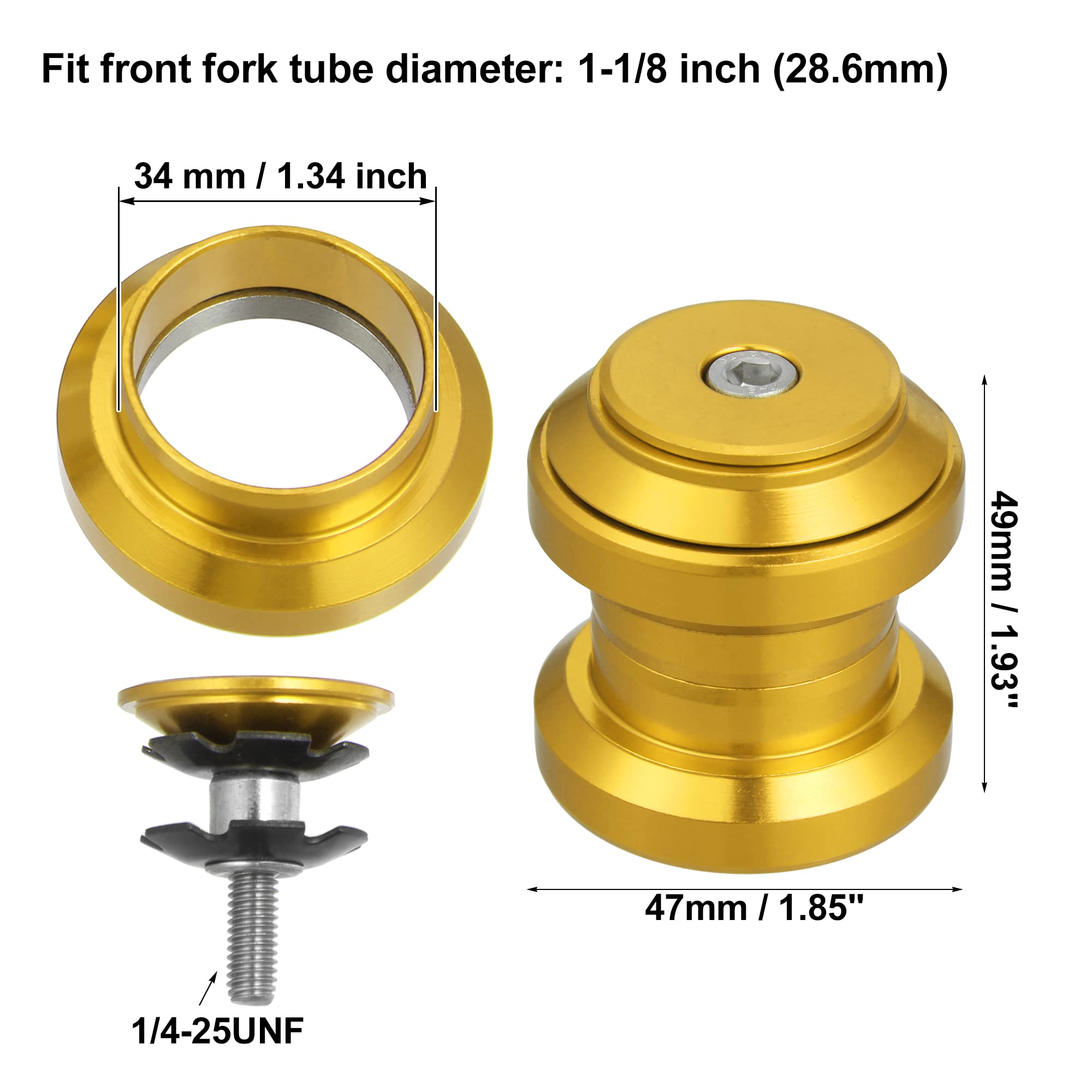 X AUTOHAUX 34mm 1-1/8" Threadless Bicycle Headset Combo Bike Threadless External Headset Sealed Cartridge Bearings MTB Road Headset with Top Cap Gold Tone