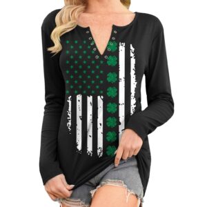 For G and PL St Patricks Day Graphic V-Neck Women's Outfits Casual Four Leaf Pullover Ireland Shirt Shamrock Flag M