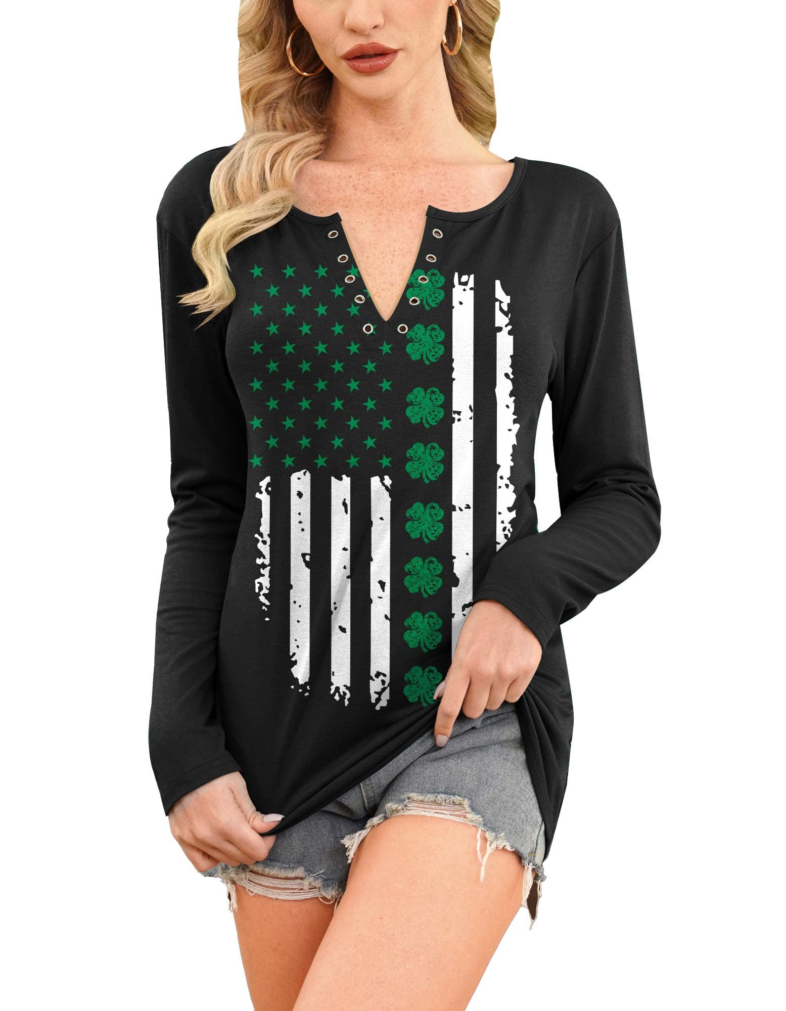 For G and PL St Patricks Day Graphic V-Neck Women's Outfits Casual Four Leaf Pullover Ireland Shirt Shamrock Flag M