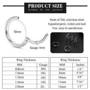 THUNARAZ 18G 16G Surgical Steel Nose Rings for Women CZ Opal Septum Hinged Clicker Segment Lip Rings Helix Cartilage Hoop Earring Rook Daith Seamless Body Piercing Rings 8mm 10mm