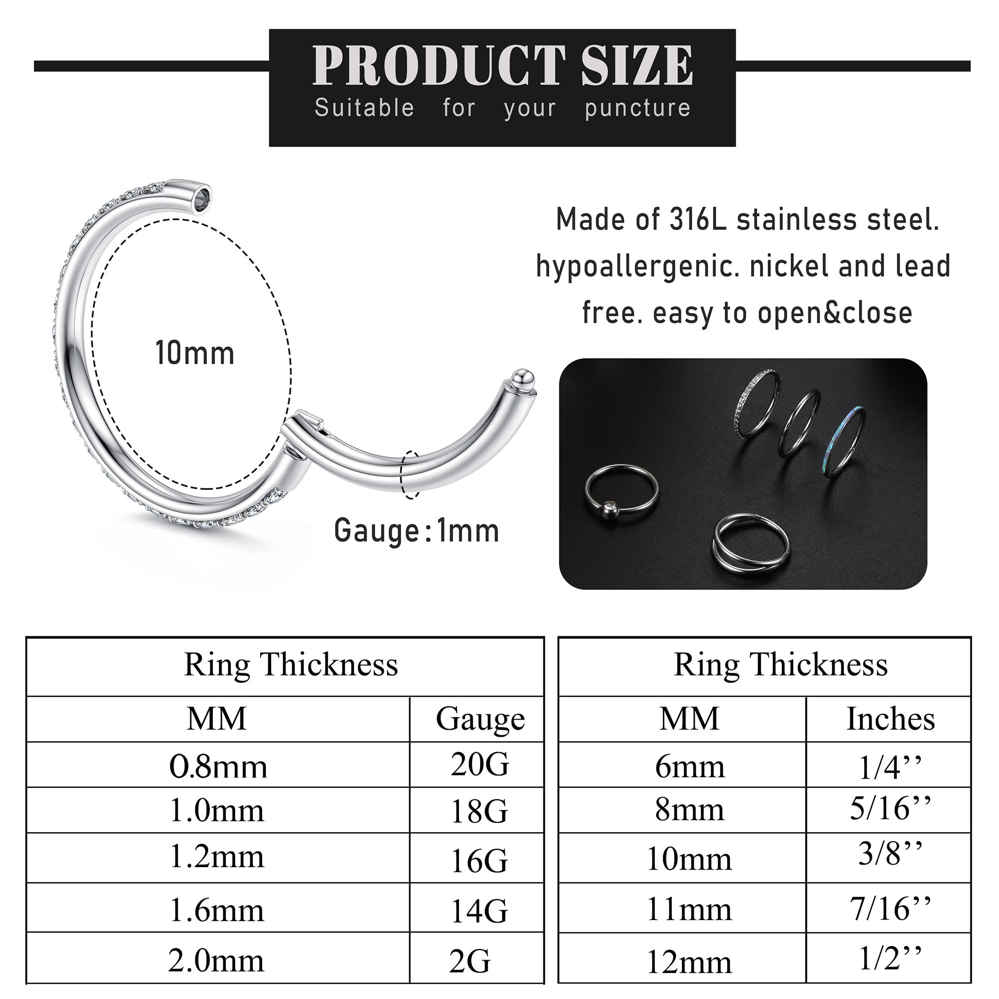 THUNARAZ 18G 16G Surgical Steel Nose Rings for Women CZ Opal Septum Hinged Clicker Segment Lip Rings Helix Cartilage Hoop Earring Rook Daith Seamless Body Piercing Rings 8mm 10mm