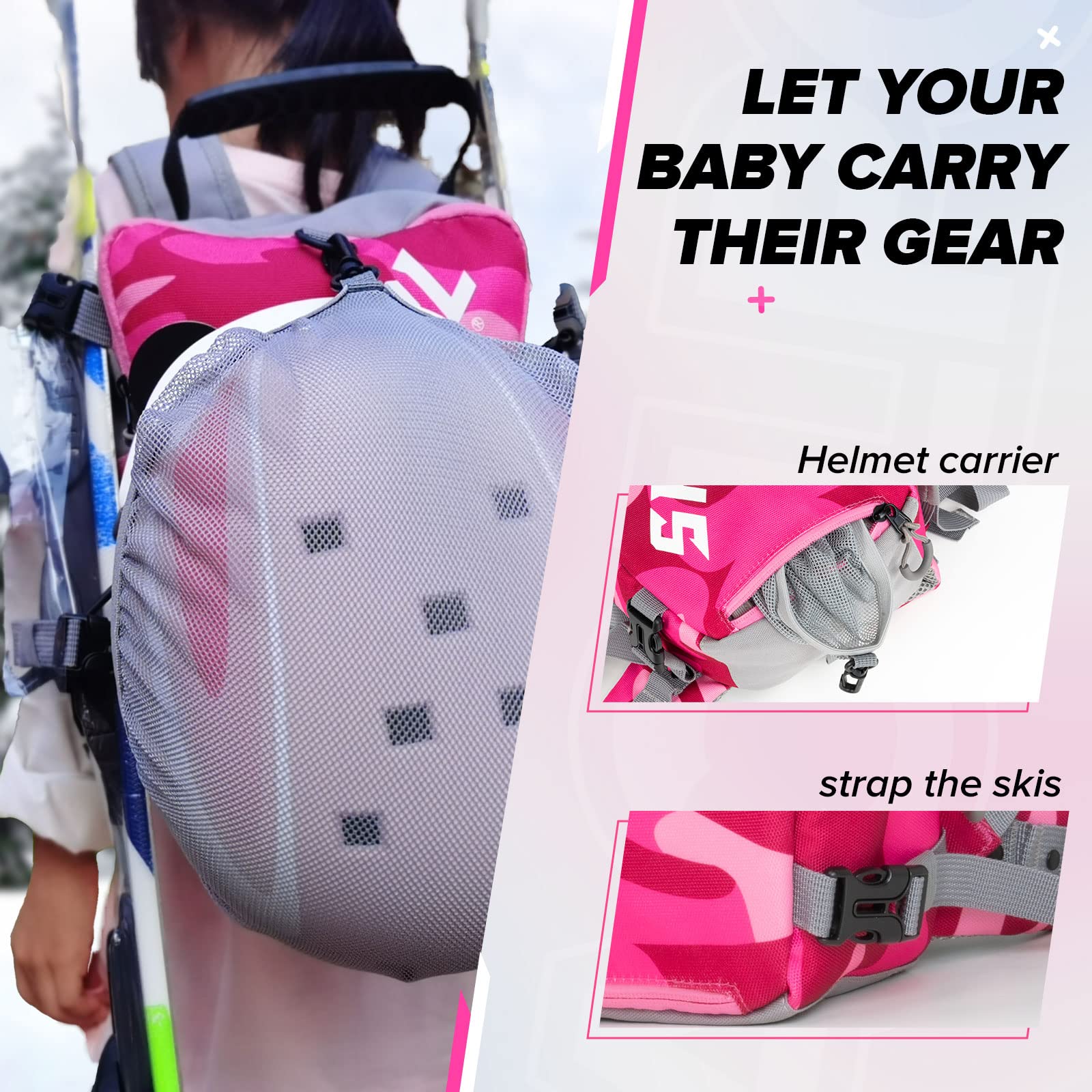 Ski Harness for Kids, Ski Harness with Retractable leashes and a Ski Helmet Mesh Pocket, Kids Ski Toddler Snowboard Teaching Speed Control (Pink, M)