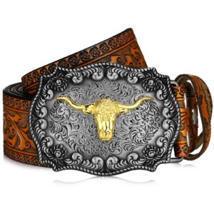 Jadive Western Leather Buckle Belts Cowboy Longhorn Bull Pattern Buckle Belt Floral Engraved Buckle Belt for Men (Camel, 43 Inch)