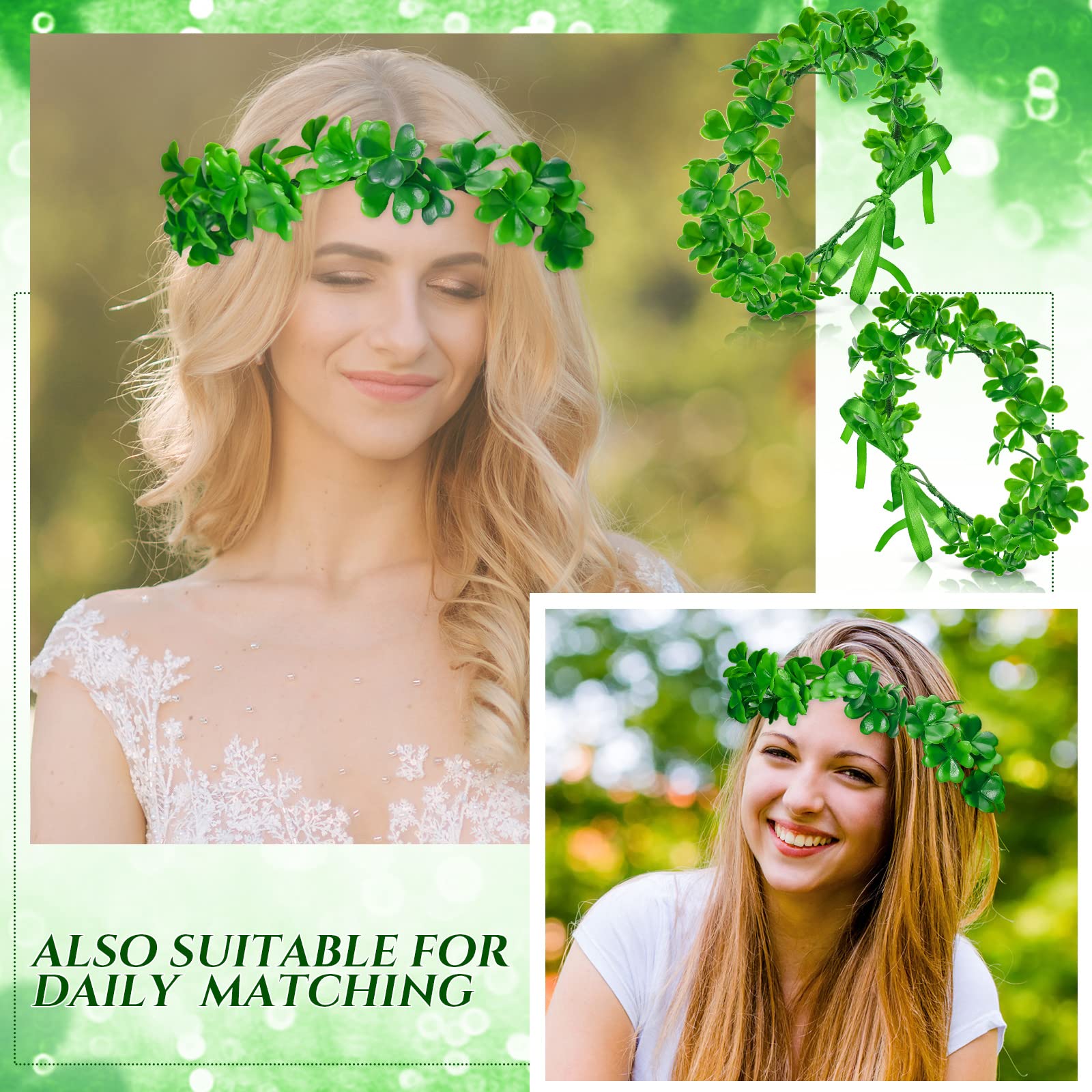 4 Pcs St Patrick's Day Headbands Irish Shamrock Crown Green Garland Clover Fairy Headpiece St. Patrick's Day Accessories for Women Girls Party Supplies