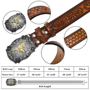 Jadive Western Leather Buckle Belts Cowboy Longhorn Bull Pattern Buckle Belt Floral Engraved Buckle Belt for Men (Camel, 43 Inch)