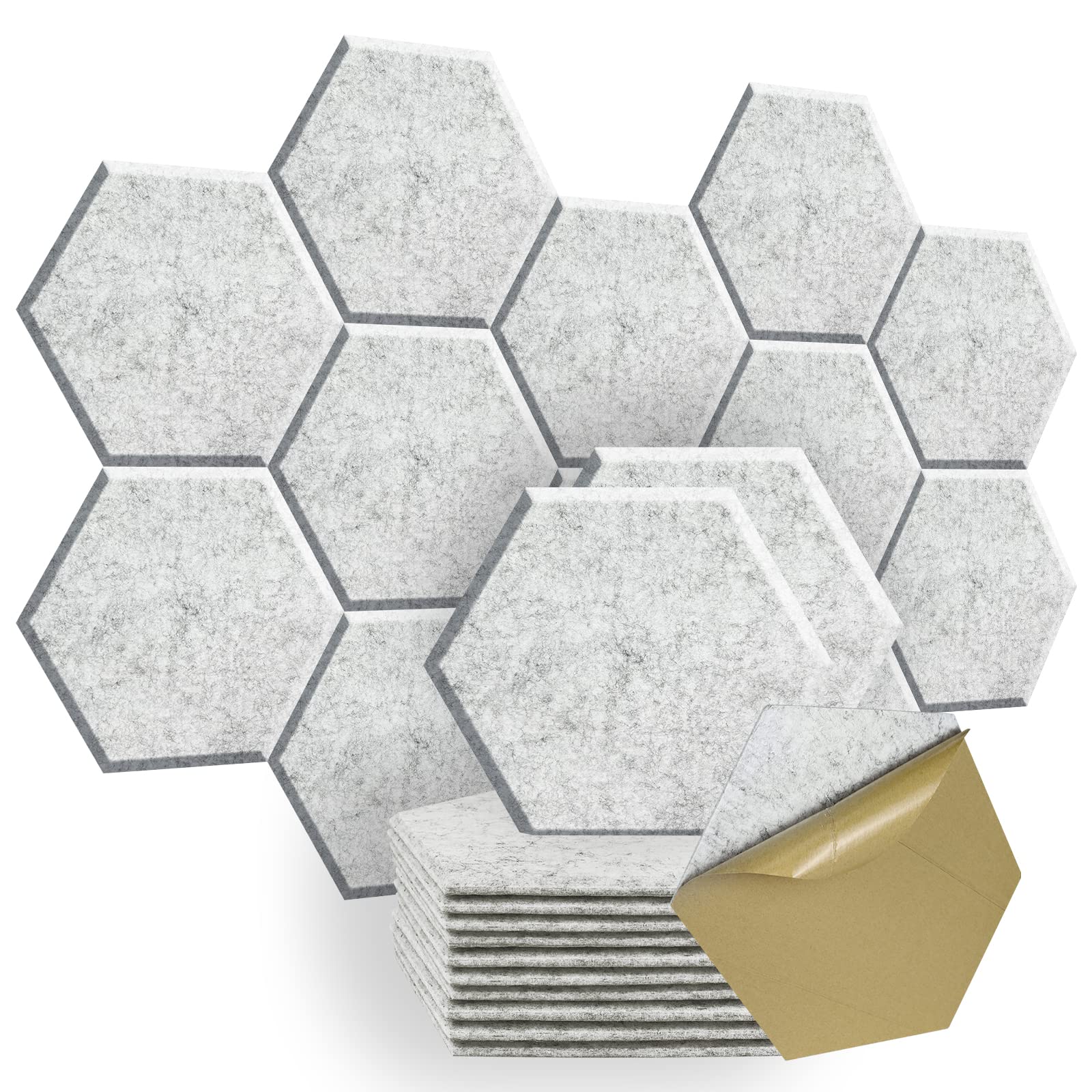 SHJADE Self-Adhesive Acoustic Panels, 12 Pcs 12" X 10" X 0.4" Sound Absorbing Panels, High Density Hexagon Acoustical Wall Padding(Silver Grey)