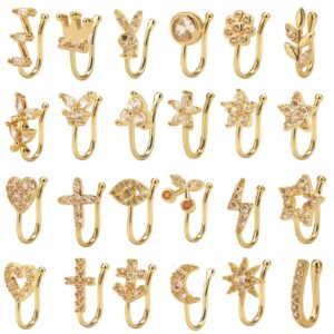 CrazyPiercing 24Pcs Fake Nose Ring CZ African Nose Cuffs Gold Faux Septum Nose Rings Clip on Nose Jewelry for Woman Non Pierced Jewelry