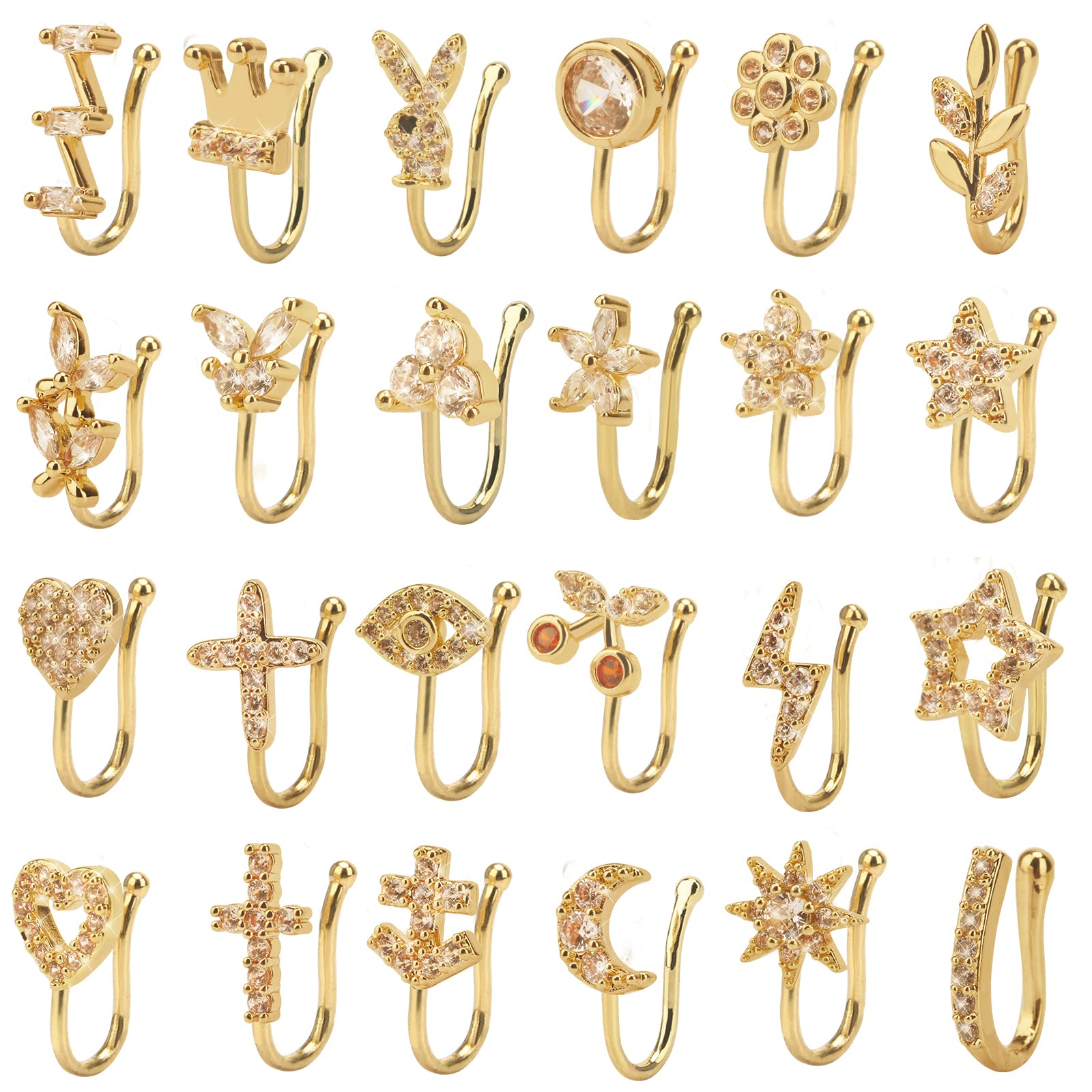 CrazyPiercing 24Pcs Fake Nose Ring CZ African Nose Cuffs Gold Faux Septum Nose Rings Clip on Nose Jewelry for Woman Non Pierced Jewelry