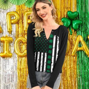 For G and PL St Patricks Day Graphic V-Neck Women's Outfits Casual Four Leaf Pullover Ireland Shirt Shamrock Flag M