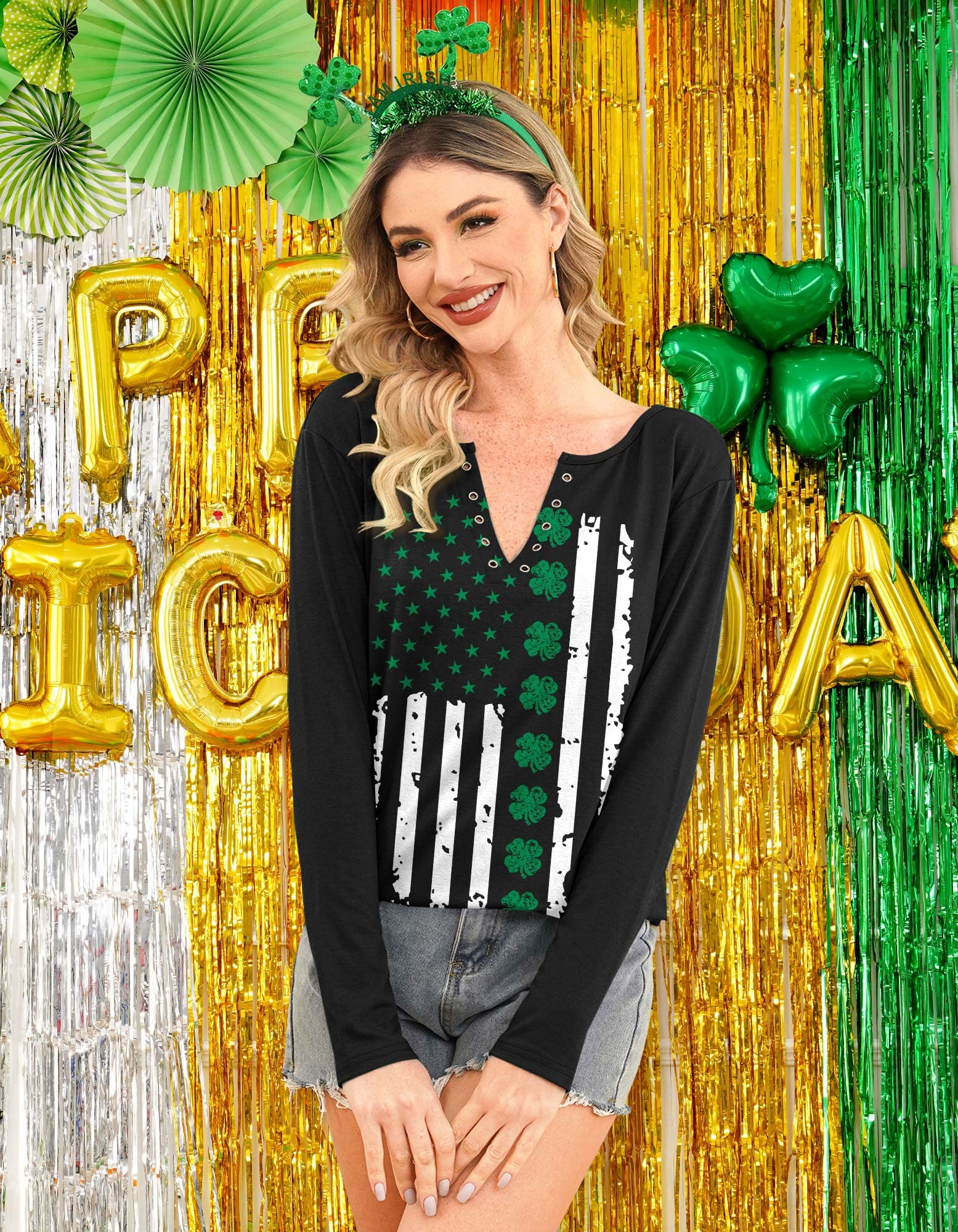 For G and PL St Patricks Day Graphic V-Neck Women's Outfits Casual Four Leaf Pullover Ireland Shirt Shamrock Flag M