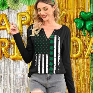 For G and PL St Patricks Day Graphic V-Neck Women's Outfits Casual Four Leaf Pullover Ireland Shirt Shamrock Flag M