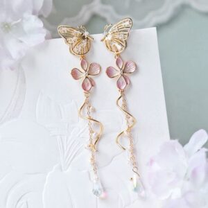 Pink Flower Sakura Leaf Earrings Fairy Sakura Flower Cat Statement Earrings Dainty Flower and Cat Earrings For Women(Butterflies and Flowers)