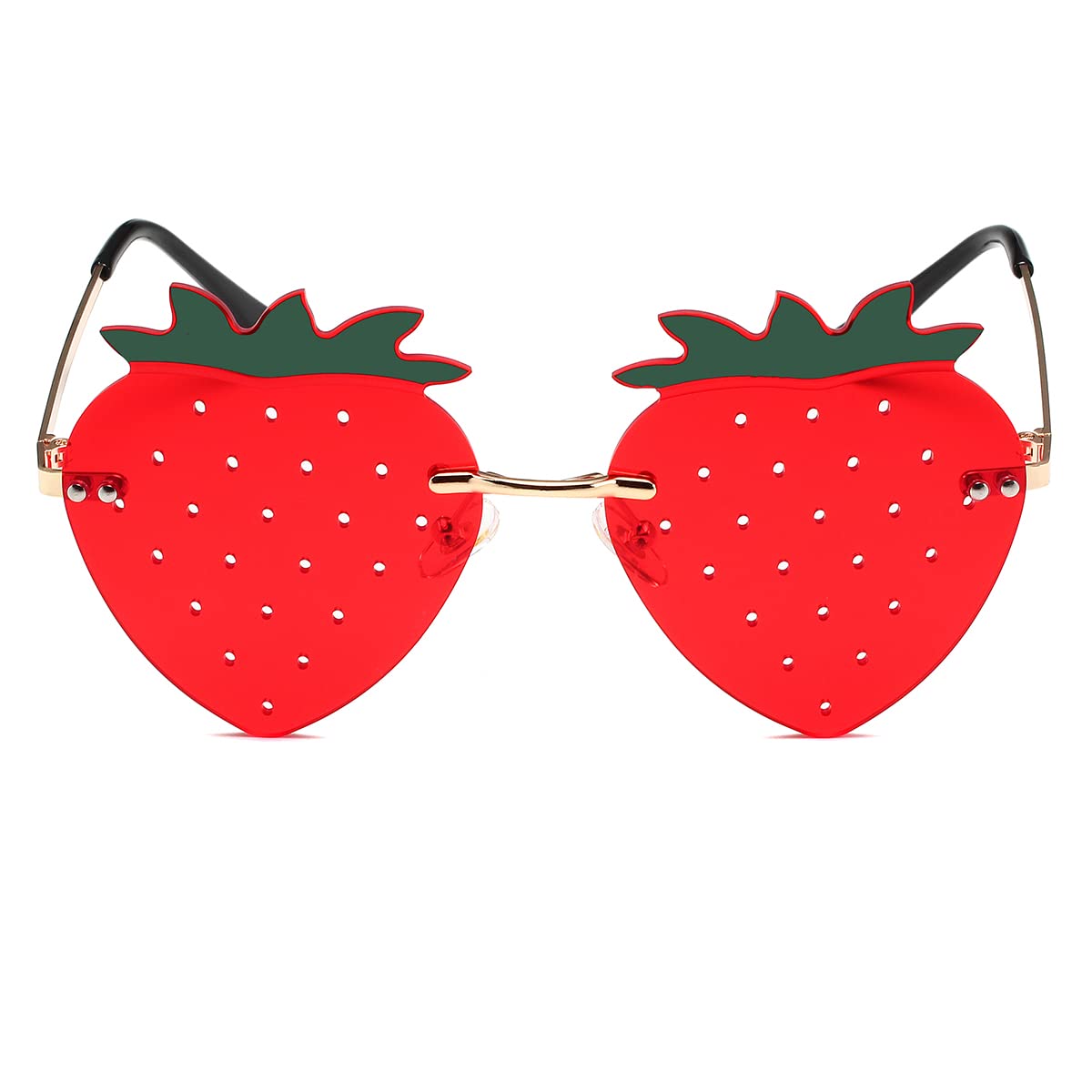 JOVAKIT Strawberry Shaped Sunglasses for Women Men Vintage New Rimless Sun Glasses Retro Rave Party Halloween Eyeglasses (Gold/Red)