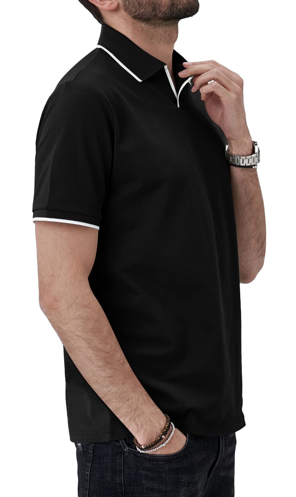 Aiyino Men's Muscle V Neck Polo Shirts Slim Fit Short Sleeve Cotton Golf T-Shirts Ribbed Knit Soft Tees Black-Large